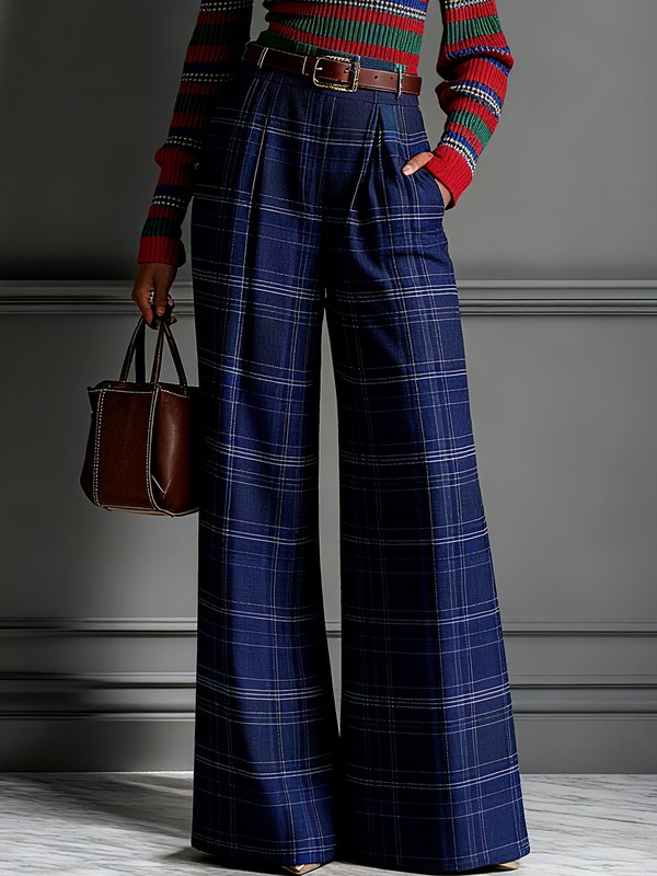 High Waisted Wide Leg No Belt Plaid Pleated Pockets Pants Trousers
