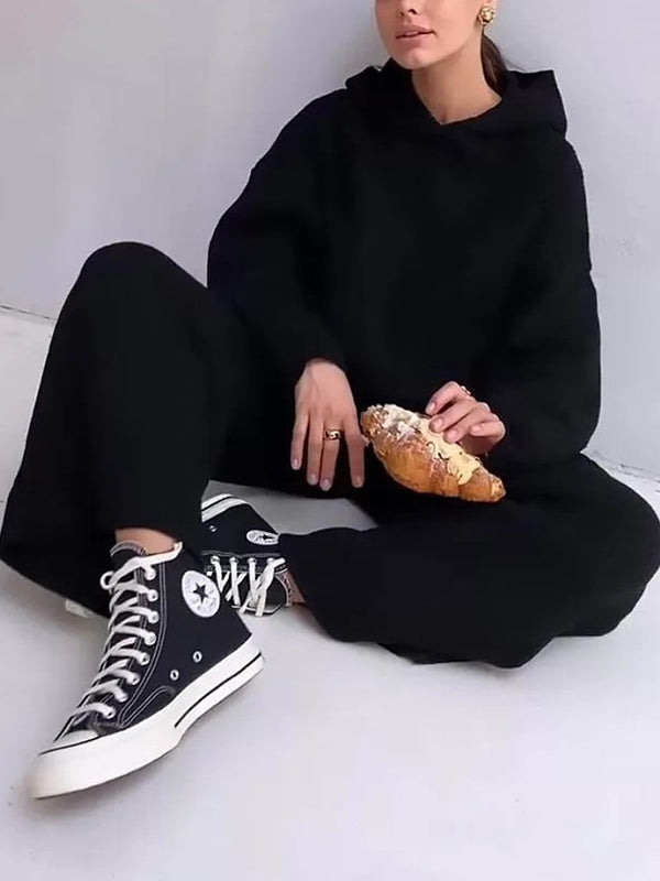 Ensemble deux pièces : pull ample à manches longues et col rond, couleur unie, avec capuche et pantalon à cordon de serrage 