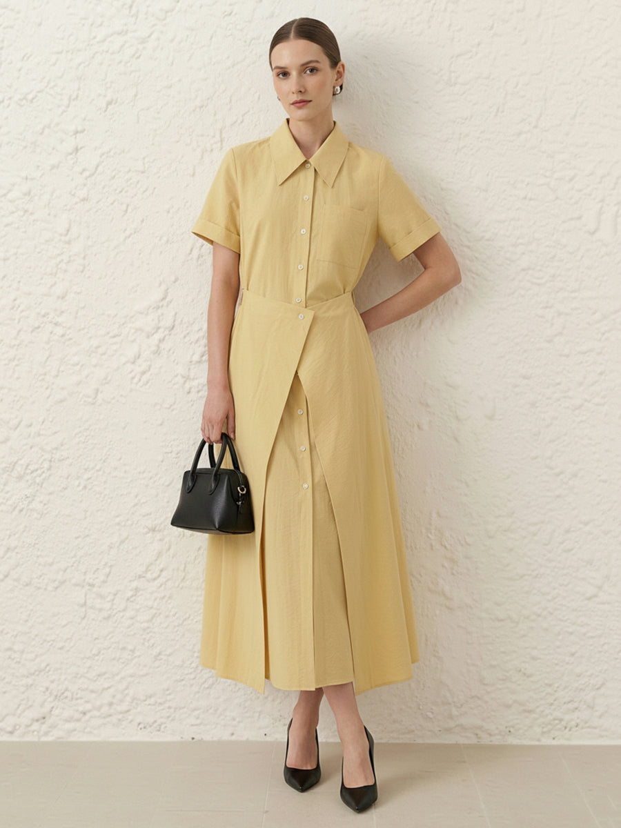 Elasticated Waist Short Sleeves Buttoned Layered Solid Color Split-Front Split-Joint Lapel Maxi Dresses Shirt Dress