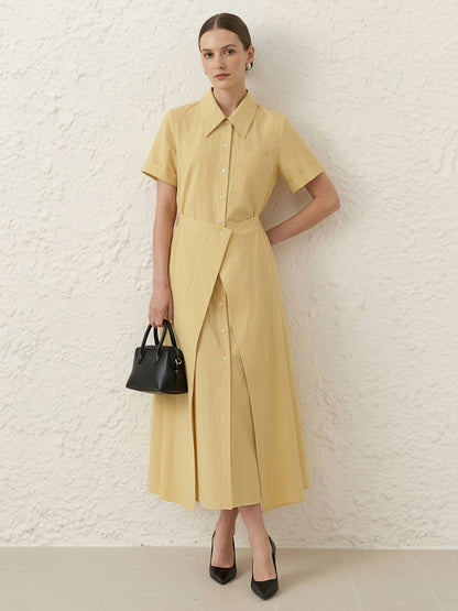 Elasticated Waist Short Sleeves Buttoned Layered Solid Color Split-Front Split-Joint Lapel Maxi Dresses Shirt Dress