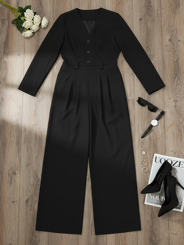 Long Sleeves Comfort Fit Solid Color V-Neck Jumpsuits