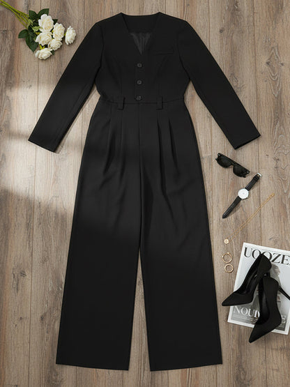 Long Sleeves Comfort Fit Solid Color V-Neck Jumpsuits