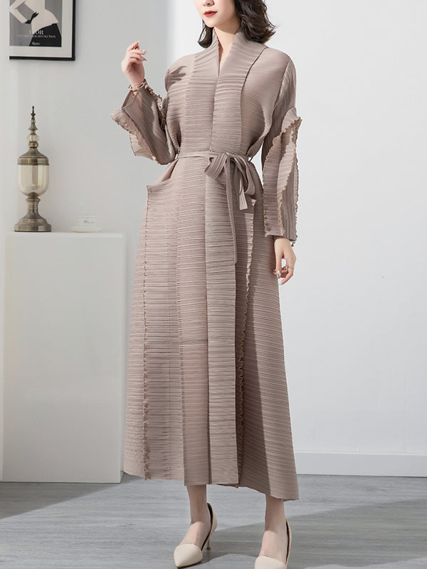 Casual Long Sleeves Loose Tied Pleated Stand Collar Midi Dresses