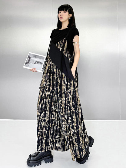 Loose Sleeveless Asymmetric Contrast Color Printed Split-Joint Spaghetti-Neck Overalls