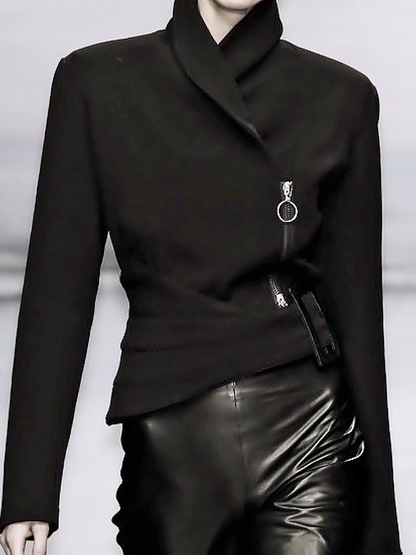 Long Sleeves Asymmetric Solid Color Zipper Stand Collar Jackets