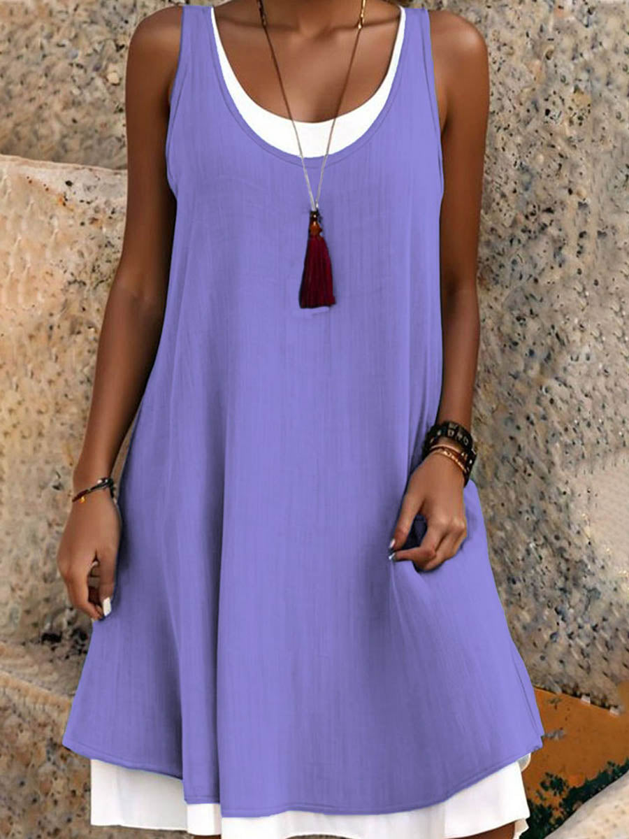 A-Line False Two Solid Color Split-Joint U-Neck Midi Dresses