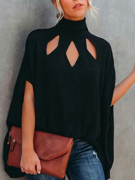 Batwing Sleeves Loose Hollow Solid Color Split-Joint High Neck Blouses&Shirts Tops