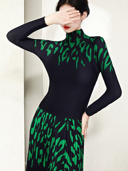 Long Sleeves Printed Mock Neck T-Shirt Top + Pleated A-Line Skirts Bottom Two Pieces Set