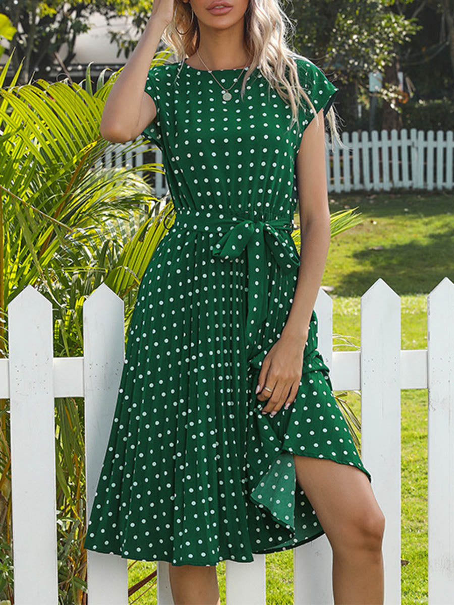 A-Line Cap Sleeve Buttoned Contrast Color Pleated Polka-Dot Split-Joint Tied Waist Round-Neck Midi Dresses