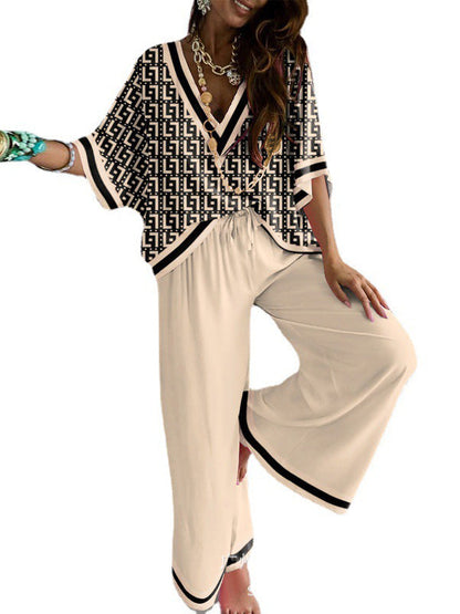Urban Loose Printed V-Neck T-Shirts Tops& Drawstring Wide Leg Pants Suits