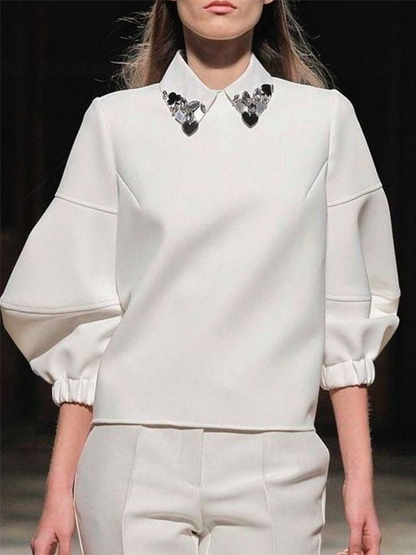 Loose Puff Sleeves Rhinestone Solid Color Lapel Blouses&Shirts Tops