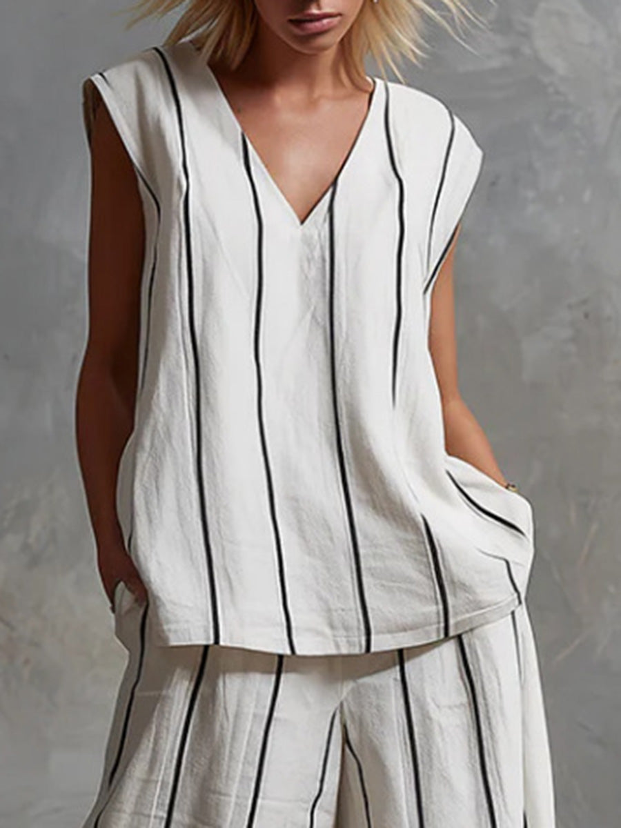 Loose Sleeveless Contrast Color Striped V-Neck Blouses&Shirts Tops