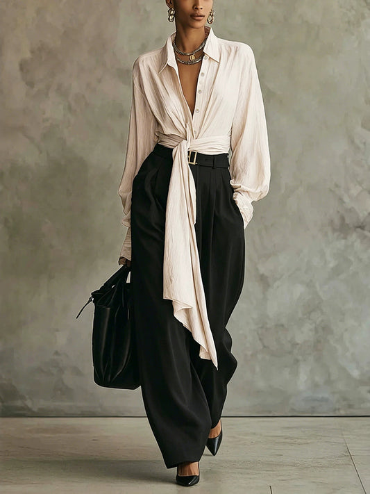 Tied Waist Solid Color Buttoned Belt Buckle Wide Leg Long Sleeves Lapel Two Pieces Set Trousers Pants Blouses&shirts Tops