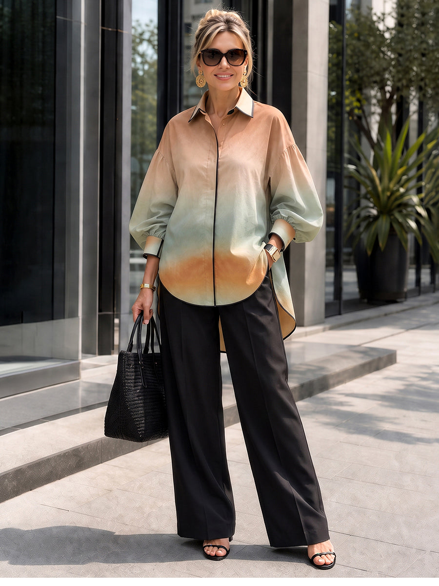Gradient Contrast Color Colorful Buttoned Puff Sleeves Long Sleeves Lapel Blouses&shirts Tops
