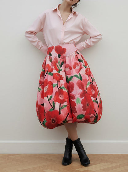 A-Line Loose Contrast Color Flower Print Skirts Bottoms