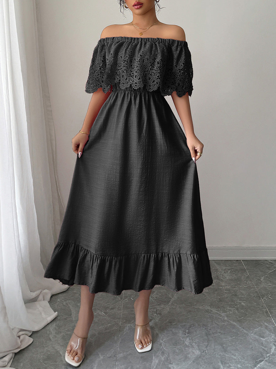 A-Line High Waisted Pleated Ruffled Solid Color Split-Joint One-Shoulder Midi Dresses