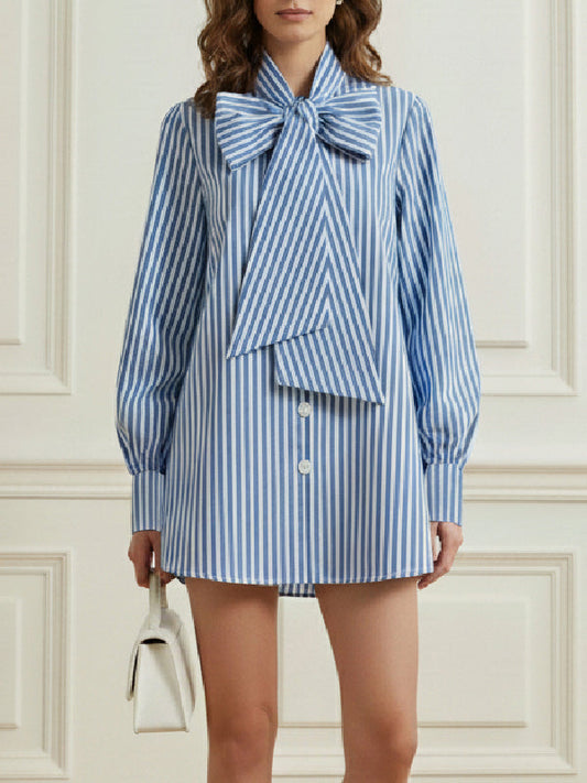 Balloon Sleeves Long Sleeves Buttoned Striped Bow Collar Blouses