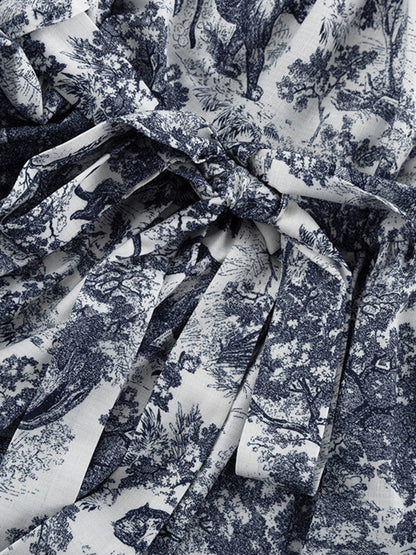 Loose Puff Sleeves Pleated Printed Split-Joint Tied Waist Lapel Mini Dresses Shirt Dress