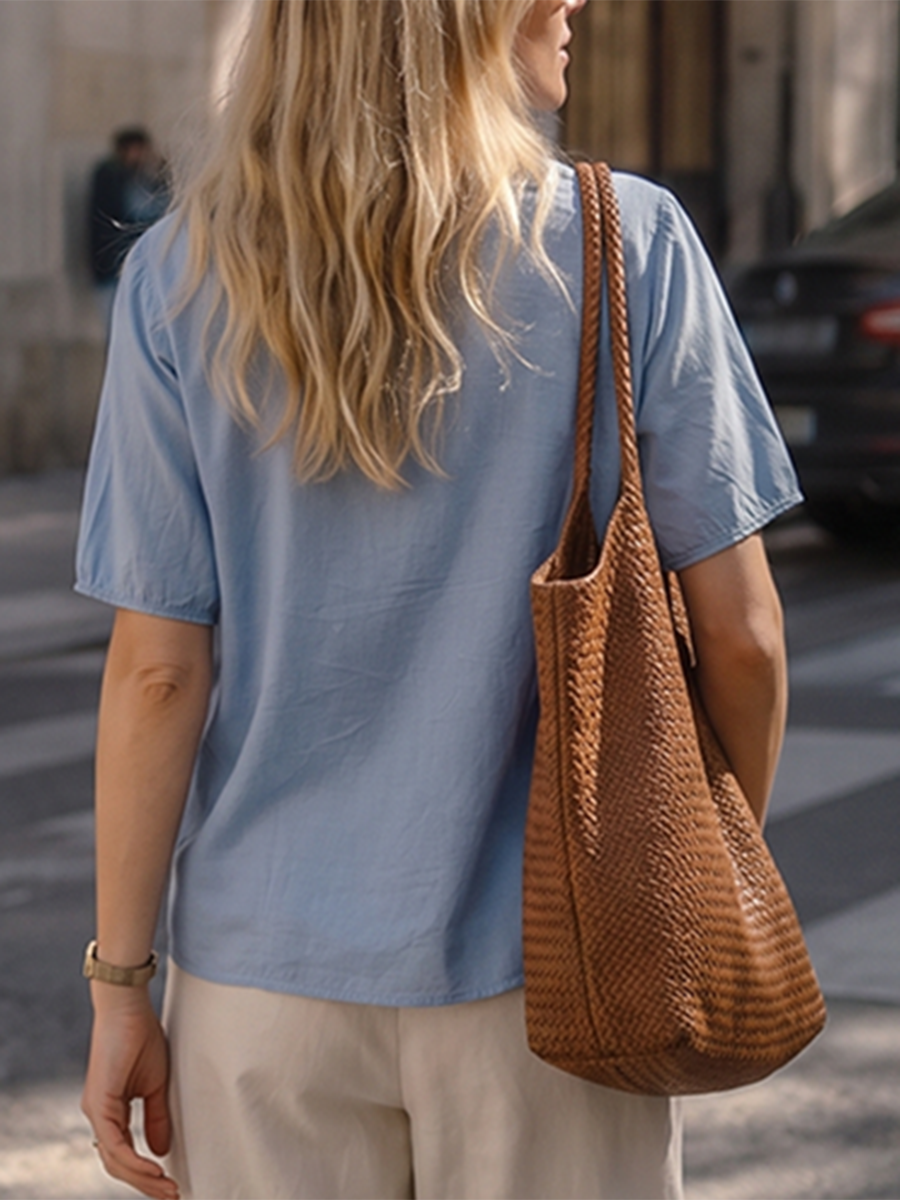 Solid Color Embroidered Buttoned Loose Half Sleeves Round-neck Blouses&shirts Tops