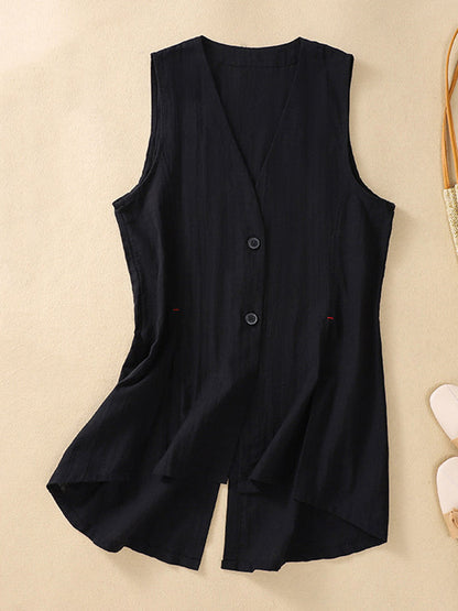 Loose Sleeveless Buttoned Solid Color V-Neck Vest Top BLACK
