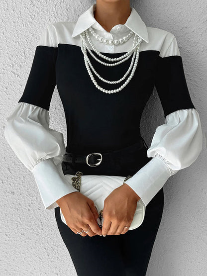 Split-Joint Pleated Contrast Color Buttoned Loose Long Sleeves Lapel Blouses&Shirts Tops