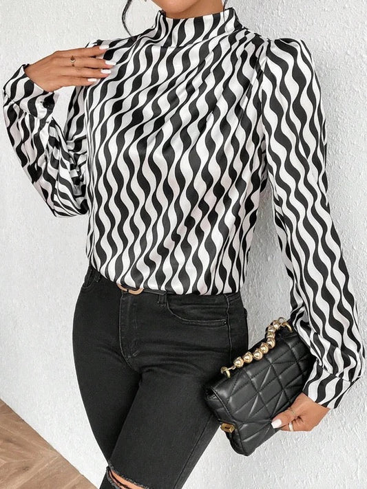 Long Sleeves Loose Contrast Color Pleated Printed Split-Joint Mock Neck Blouses&Shirts Tops