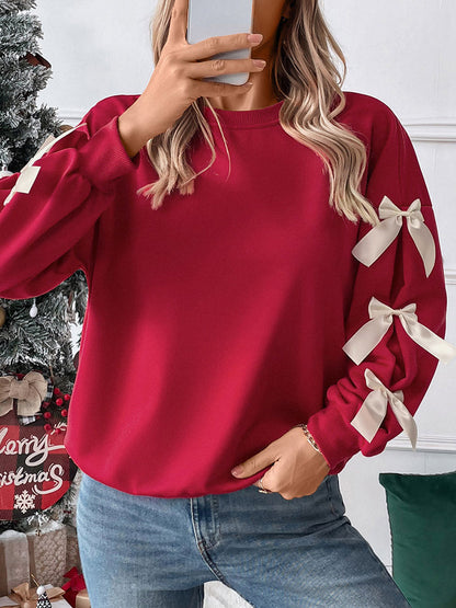 Split-Joint Contrast Color Bow-Embellished Loose Long Sleeves Round-Neck Sweatshirt Tops