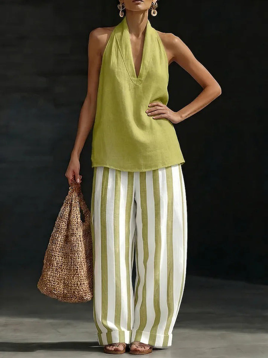 Loose Plus Size Contrast Color Striped Halter-Neck Vest Top + Pants Bottom Two Pieces Set