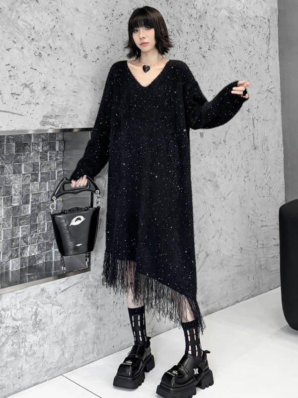 Irregularity Long Sleeves Contrast Color Sequined Shiny Split-Joint Tasseled V-Neck Midi Dresses Sweater Dresses