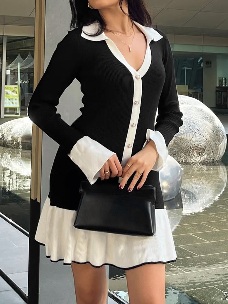 Split-Joint Ruffled Contrast Color Buttoned Long Sleeves High Waisted V-neck Mini Dresses