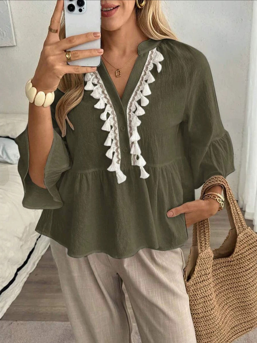 Tasseled Split-Joint Pleated Contrast Color Buttoned Loose Long Sleeves V-neck Blouses&shirts Tops