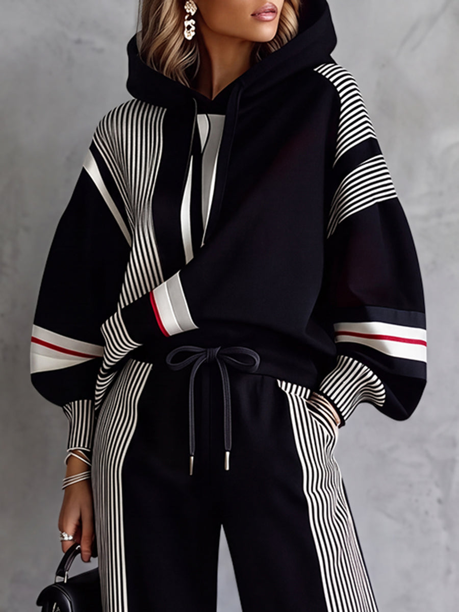 Striped Drawstring Contrast Color Loose Long Sleeves Hooded Sweatshirt Tops