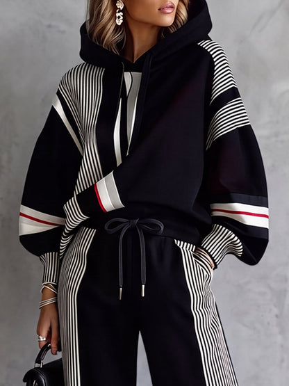 Striped Drawstring Contrast Color Loose Long Sleeves Hooded Sweatshirt Tops