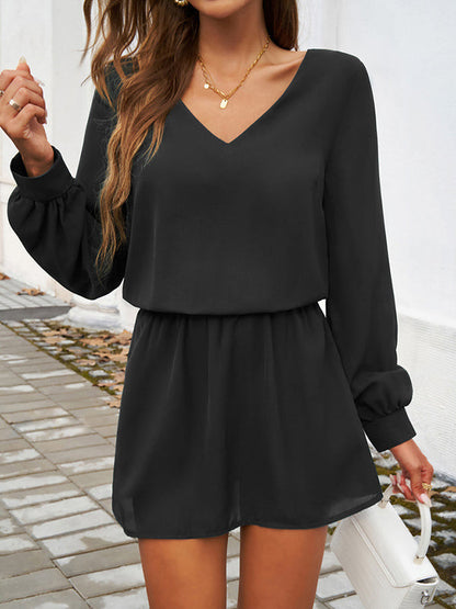 A-Line High Waisted Elasticity Pleated Solid Color V-Neck Mini Dresses