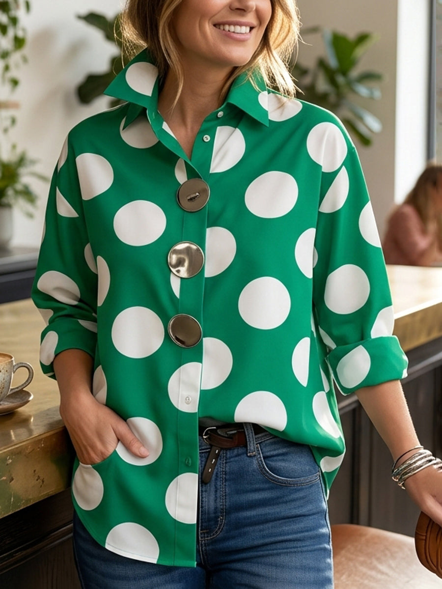 Long Sleeves Loose Buttoned Contrast Color Polka-Dot Lapel Blouses&Shirts Tops