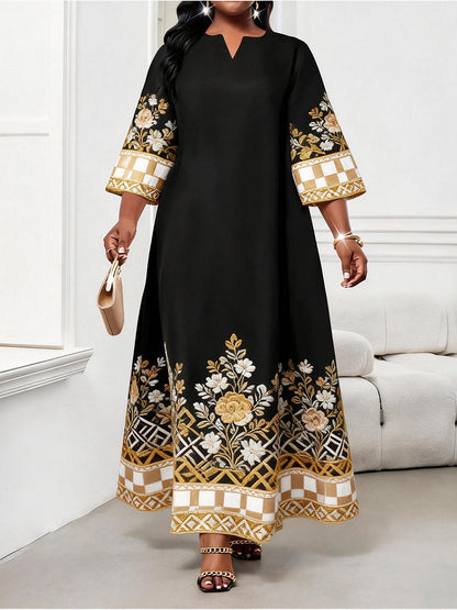 A-Line Loose Contrast Color Flower Print Plaid Split-Joint V-Neck Maxi Dresses
