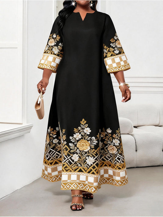 A-Line Loose Contrast Color Flower Print Plaid Split-Joint V-Neck Maxi Dresses