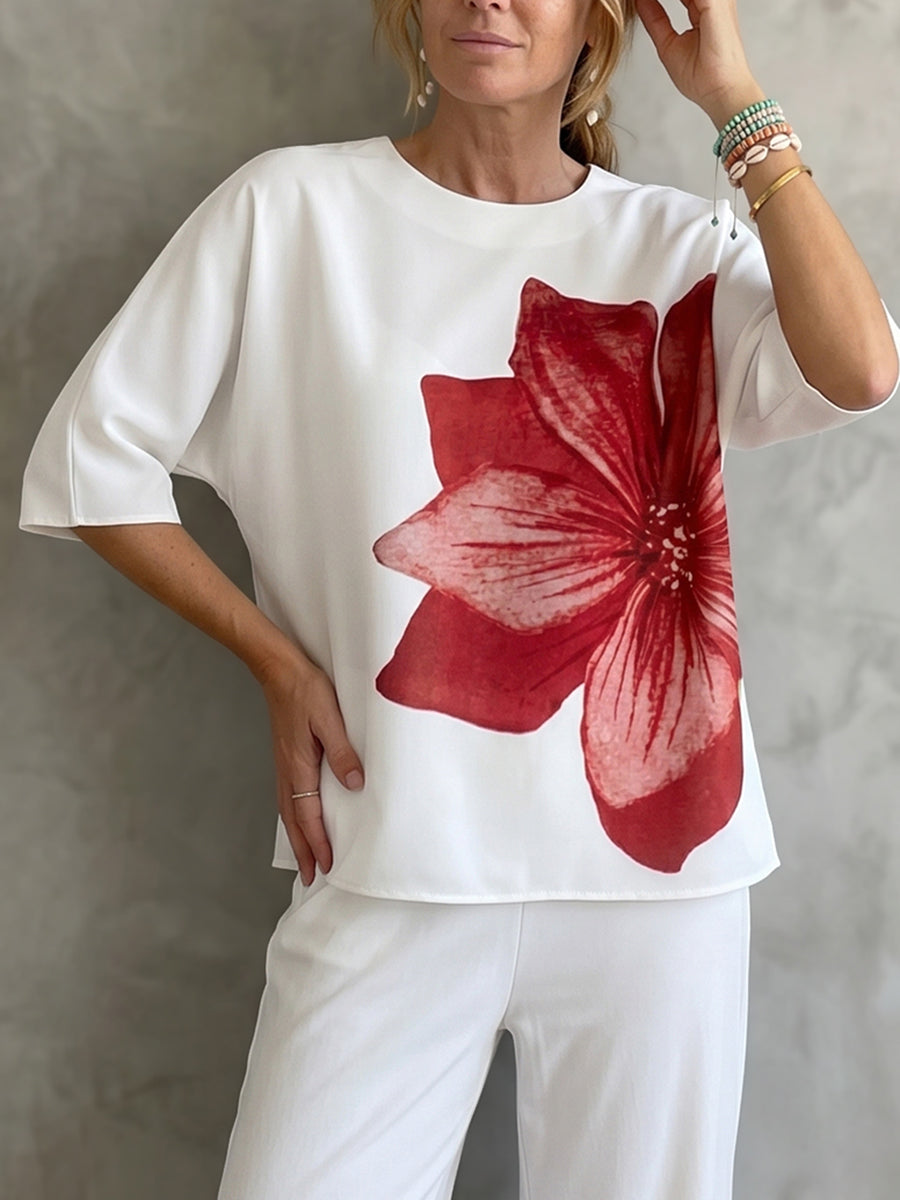 Half Sleeves Loose Flower Print Round-Neck T-Shirts Tops