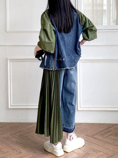 Lockere neunte Hose, kontrastfarbene, plissierte Jeanshose mit geteiltem Bund 