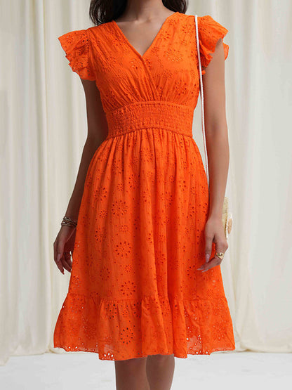 A-Line Loose Elasticity Hollow Pleated Solid Color V-Neck Mini Dresses