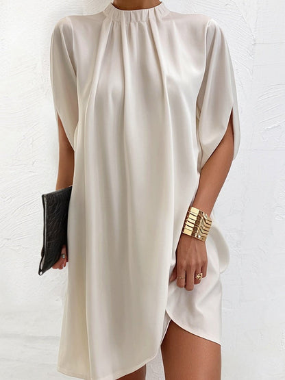 Loose Short Sleeves Solid Color Stand Collar Mini Dresses