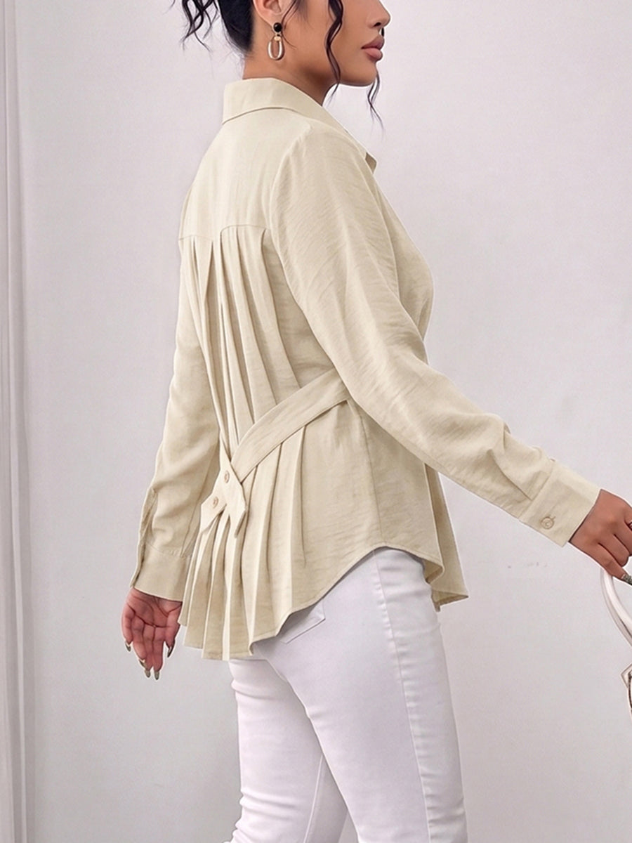 Tied Split-Joint Solid Color Pockets Pleated Buttoned Long Sleeves Lapel Blouses&Shirts Tops