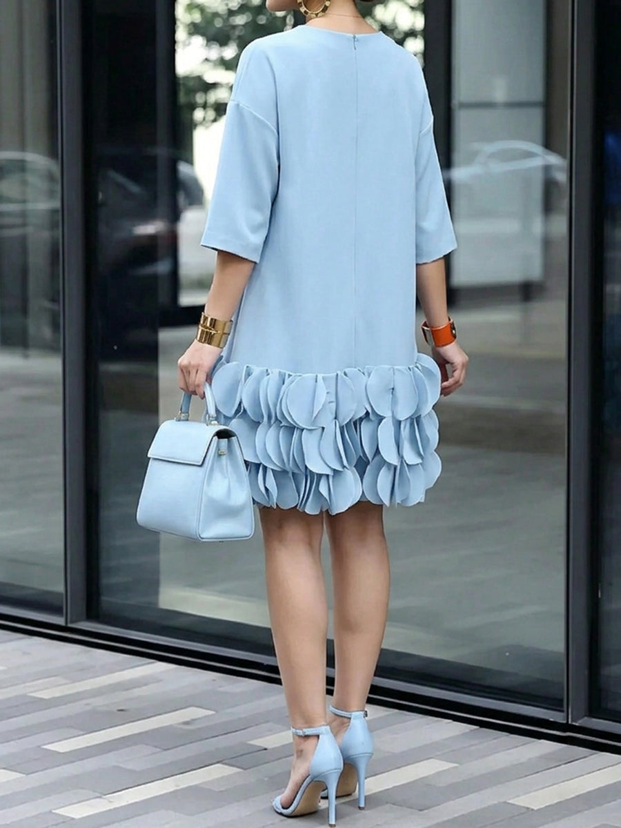 A-Line Loose Solid Color Split-Joint Three-Dimensional Flower Round-Neck Midi Dresses-1