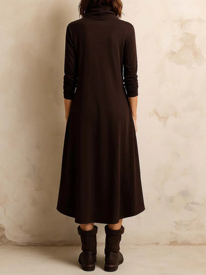 Solid Color Pockets Buttoned Asymmetric Long Sleeves Mock Neck Midi Dresses