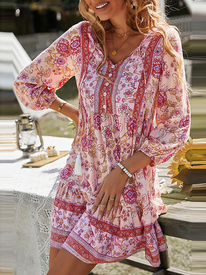 A-Line Loose Buttoned Contrast Color Flower Print Pleated V-Neck Mini Dresses