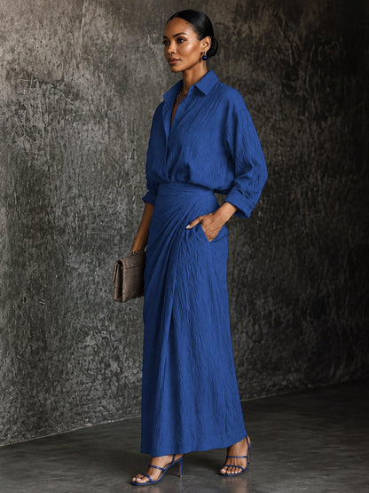 Jacquard Solid Color Lapel Buttoned Blouses&shirts Tops + A-line High Waisted Pleated Zipper Skirts Bottoms Two Pieces Set