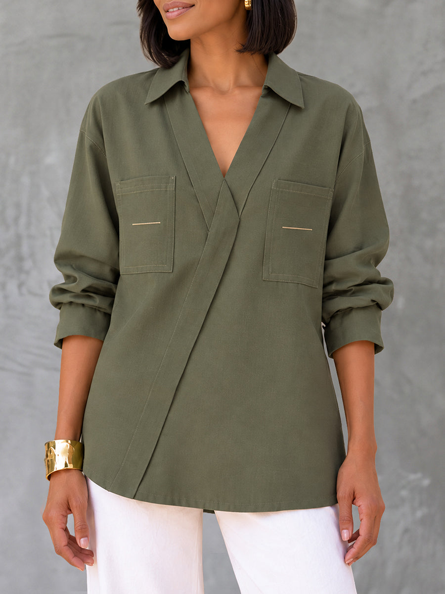 Split-Joint Pockets Contrast Color Asymmetric Three-quarter Sleeves V-neck Blouses&shirts Tops