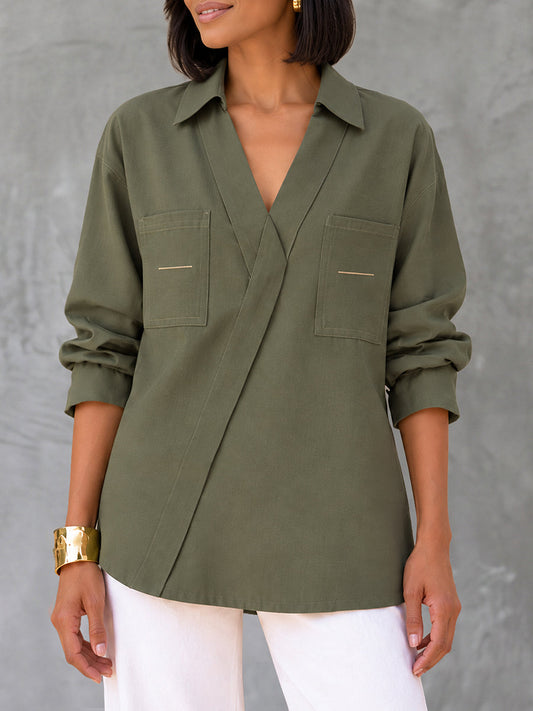 Split-Joint Pockets Contrast Color Asymmetric Three-quarter Sleeves V-neck Blouses&shirts Tops