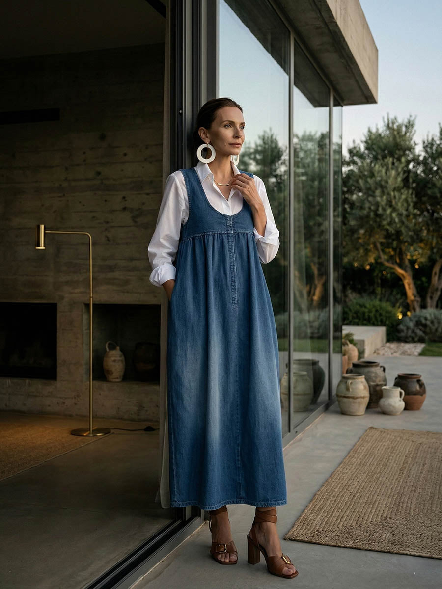 A-Line Loose Pleated Pockets Solid Color U-Neck Maxi Dresses