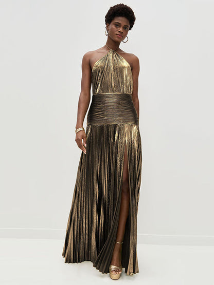 Elasticated Waist Sleeveless Pleated Shiny Solid Color Split-Side Halter-Neck Maxi Dresses